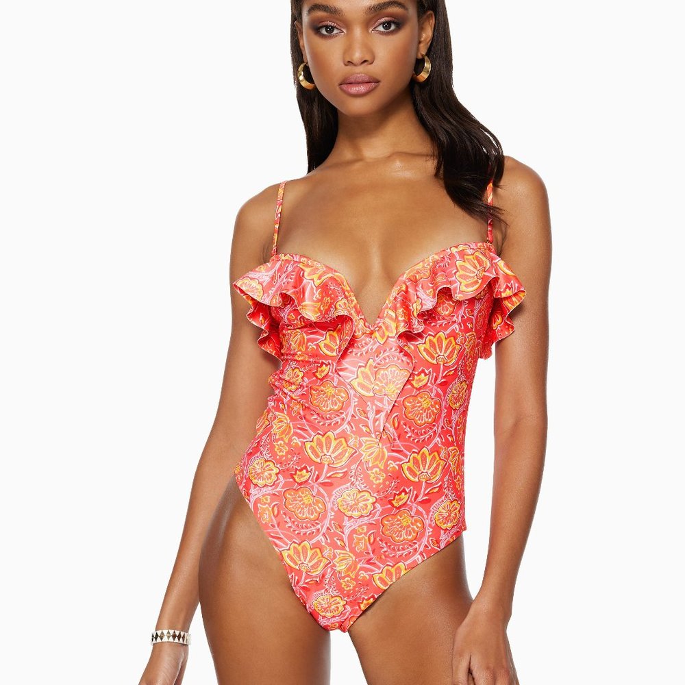 Ramy Brook Coral Pink Floral Ruffle One-Piece Swimsuit